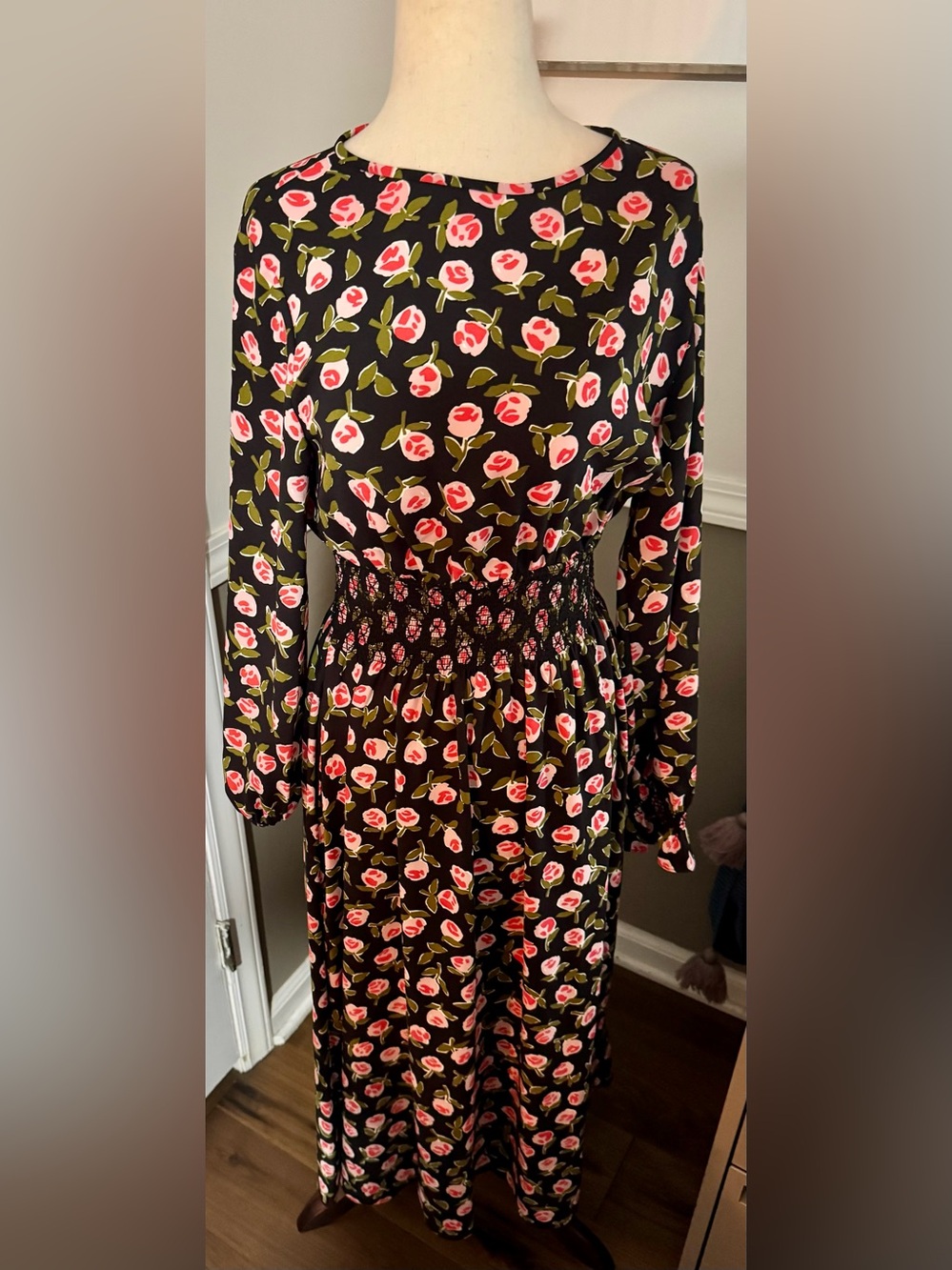 Kate Spade ♠️ Black Floral Long-Sleeve Smocked Waist Midi Dress - Picture 3 of 7